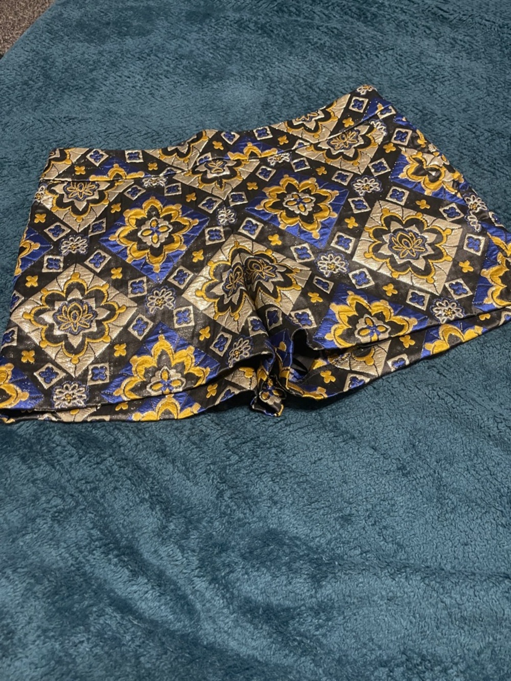LOFT Blue and Gold Patterned High-Waist Shorts